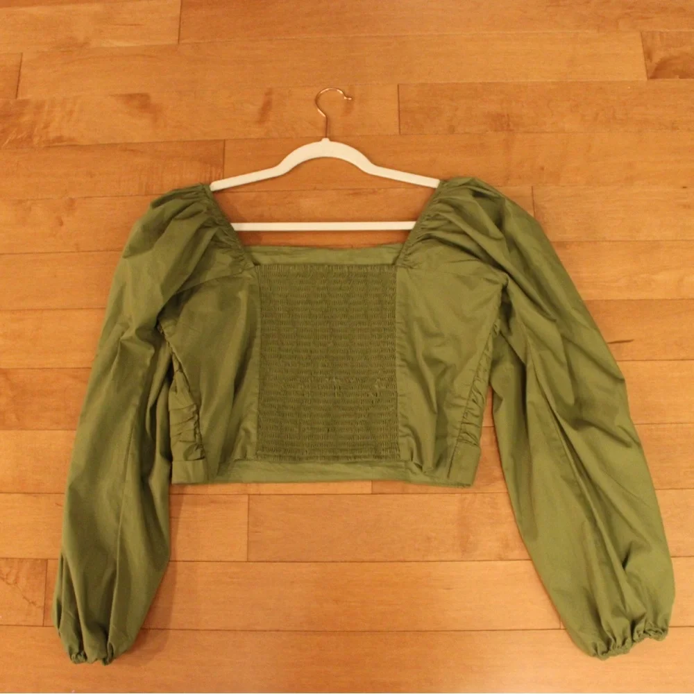 Abercrombie & Fitch Olive Green Long-Sleeve Ruched Bodice Puff Sleeve Top Size L